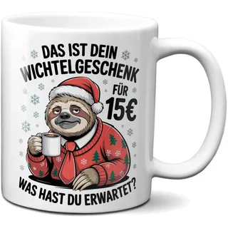 TassenKing Faultier Tasse: Das ist Dein Wichtelgeschenk für 15 Euro - Kaffeetasse lustig mit Spruch zum Wichteln als Geschenk für Kollegen (Weiß) V3