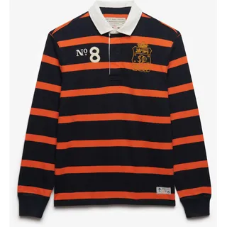 Langarmshirt SUPERDRY "DOUBLE EMBLEM STRIPE RUGBY", Herren, Gr. L, navy, orange stripe, Single Jersey, Obermaterial: 100% Baumwolle, gestreift, relaxed fit normal, ohne Ausschnitt, Shirts Langarmshirt