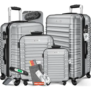 KESSER® 4tlg. Hartschalenkofferset Hartschalenkoffer Reisekoffer Set Reisekofferset Trolley Koffer Inkl. Kofferwaage + Gepäckanhänger Rollkoffer Schloss 4 Rollen ABS-Hartschale Teleskopgriff S-M-L-XL - Silber