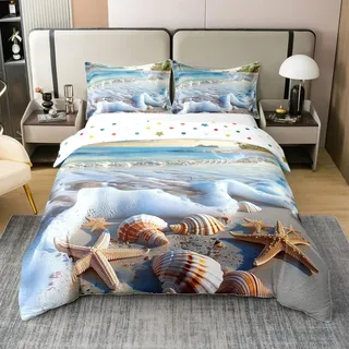 100% Baumwolle Strand Ozean Bettbezug 135x200 Meerwelle Seestern Shell Bettwäsche Set Sonnenaufgang Sonnenuntergang Ansicht Szene Bettwäsche Hawaii Meeresküste Sommer Küste Meereslandschaft Bett Set