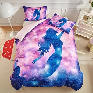 WUMIUER Mädchen Bettwäsche 135x200 cm Set 2tlg - Sternenhimmel Meerjungfrau Design - Weich Romantisch Bettbezug 135x200cm und 1 Kissenbezug 80x80cm mit Reißverschluss für Damen Einzelbett