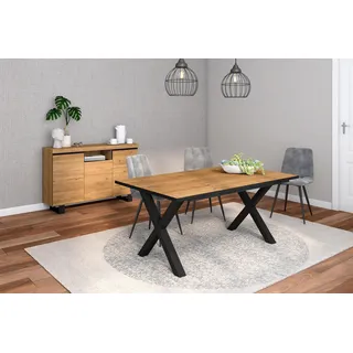 Skraut Home - Wohnzimmermöbel-Set | Tisch 170 Rand Schwarze X-Beine 8 Personen | Sideboard/Buffetschrank 140 Tall | Eiche und Schwarz | Industrieller Stil