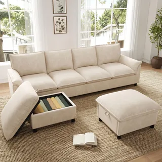 STILVORA Cloud-Sofa U-Form als modulares Ecksofa mit Deep-Seat-Design, U-Sofa mit 2 beweglichen Fußhockern, Wohnlandschaft mit hoher Rückenlehne Beige - Beige