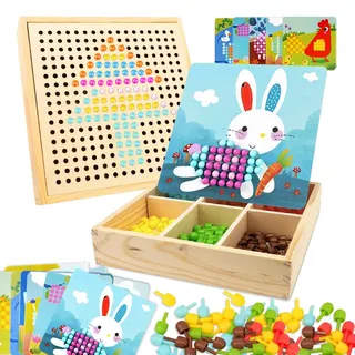 Gohytal Mosaik Steckspiel für Kinder, Spielzeug ab 2 3 4 5 Jahre Holz Mosaik Bastelset Kinder Pegboard Gabelungen mit Steckperlen&Karten Montessori Steckspiel 3D Geschenke für Jungen Mädchen,Bauernhof