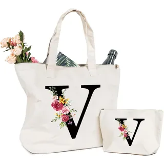 Canvas Damenhandtasche mit Blumen und Buchstaben - Kosmetiktasche für Braut, Mutter, Geburtstag