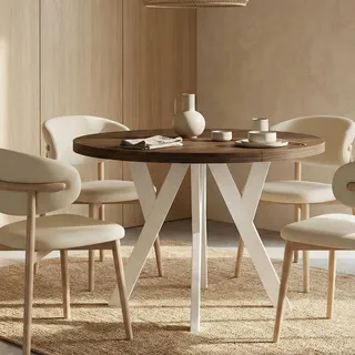 Runder Ausziehbarer Tisch für Esszimmer, PERO, Loft-Stil, Skandinavische, Durchmesser: 90 / 190 cm, Farbe: Franklin Nuss / Weiß - Weiß