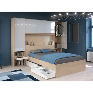 vente-unique Bett mit Stauraum + Lattenrost + Matratze - 140 x 190 cm - Mit LED-Beleuchtung - Holzfarben & glänzend weiß - VELONA