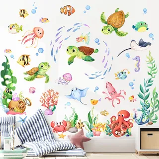 Supzone Wandtattoo Kinderzimmer Unterwasser Schildkröte Wandaufkleber | Unter dem Meer Ozean Meerestiere Wandsticker fur Kinderzimmer Babyzimmer Badezimmer Wanddeko