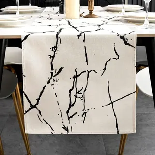 ViaElayu Tischläufer Modern Weiß Schwarz Marmor Textur Abstrakte Abwaschbar Outdoor Frühling Landhausstil Vintage Bauernhaus Rechteckige Tischdecke Küche Tisch Läufer Party Deko 40x140 cm
