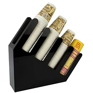 Becher-und Deckelhalter–schwarzer Kaffeebecherhalter mit schrägem Design aus Acryl für einen hochwertigen Look, 4 Fächer Organizer,Einwegbecher-Spender, Aufbewahrungskorb für Kaffeestation, Bar
