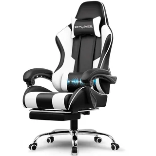 GTPLAYER Gaming Stuhl Ergonomischer Schreibtischstuhl Drehstuhl, Chefsessel mit Massagefunktion, bis 136 kg belastbar, Verlängerte und Verbreiterte Rückenlehne, Weiß