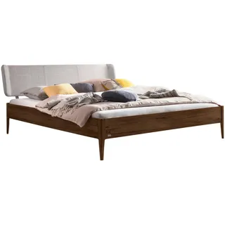 Hasena Bett , Nussbaumfarben, Hellgrau , Holz, Textil , Nussbaum , massiv , Höhe ca. 22 cm , 140x200 cm , gepolstertes Kopfteil, in verschiedenen Holzarten erhältlich, in verschiedenen Größen erhältlich , Holzmöbel, Holzbetten, Sonstige Holzbetten