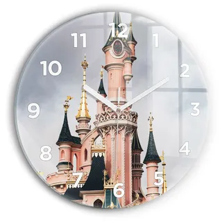 Wallfluent Wanduhr – Stilles Quarzuhrwerk - Uhr Dekoration Wohnzimmer Schlafzimmer Küche - Zifferblatt - weiße Zeiger - 30 cm - Schloss Disneyland in Paris - Rosa