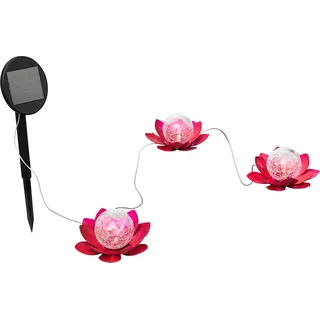 Solar Lotusblüte für außen aus Metall mit Bruchglaskugel und warm-weißer LED Beleuchtung, verschiedene Ausführungen, toller Lichteffekt, moderne Gartendeko in Seerosen-Optik (3er Set Bodenlichterkette)