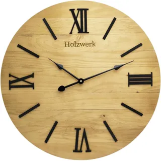 Holzwerk Große 60 cm XL Retro Natur Wanduhr Rustikal Vintage lautloses Uhrwerk ohne Tickgeräusche industrielle Landhaus Braun lautlos Massivholz Natur Holz-Uhr Römische Ziffern (Vintage.Braun 60cm.)