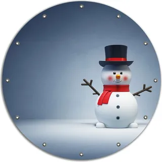 Wallario rundes Outdoor-Poster für Garten oder Balkon, Motiv Winterstimmung - Frecher Schneemann mit Zylinder und rotem Schal, 90 cm Durchmesser - Blau