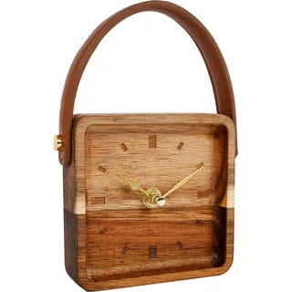 Holz Uhr zum hinstellen oder hängen mit dekorativem Tragegriff - Größe ca. 11x11 cm (klein) - Braun