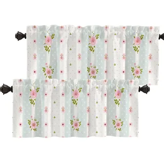 Batmerry Shabby Chic Roses Valance Curtains, Vintage Floral Stripes Polka Dot Laces Window Treatment Kitchen Valances Multilayer Polyester Blackout for Living Room/Bathroom, 2 Pack 52x16 inches