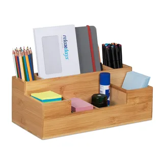 Relaxdays Schreibtisch Organizer, 7 Fächer, Bambus-Organizer, Büro, Küche, Bad, Tischorganizer HBT 11x30x15cm, natur