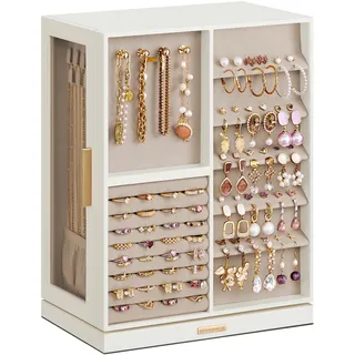 SONGMICS Schmuckkästchen 360° drehbar, Schmuckkasten 7 Schubladen, Glasfenster, geräumig, vertikale Schmuckaufbewahrung, offenes Design, Geschenkidee, wolkenweiß JBC201W01