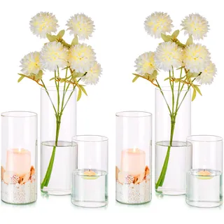 Hewory Glasvase Zylinder Vasen Set: 6er Vase Glas Kerzengläser Groß Glaszylinder für Kerzen - Zylindervasen Set Kerzenglas für Hochzeit Tischdeko Wohnzimmer Deko, Ø 8.5cm, 15/20/25cm