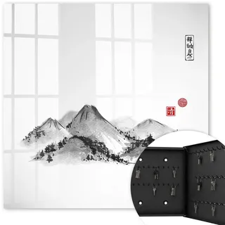 Tulup Schlüsselbox Schwarz 30x30 cm- Türöffnung nach rechts - Japanische Berge , Weiß , Metall , Vintage , Rechteckig , 30x30x5 cm , Garderobe, Schlüsselkästen & Schlüsselboards