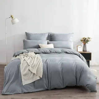 Soifox Bettwäsche Set 200x220 Grau Mikrofaser bügelfrei mit Reißverschluss - Grau