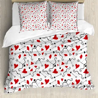 ABAKUHAUS Valentines Bettbezug, Pfeile Amors, Milbensicher Allergiker geeignet mit Kissenbezügen, 155 cm x 220 cm - 80 x 80 cm, Schwarz, Rot, Weiß - Weiß
