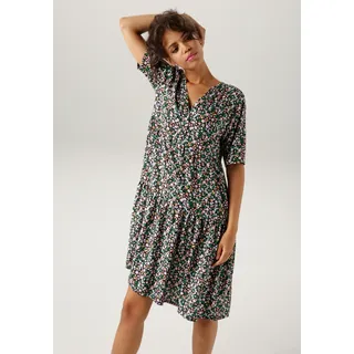 Sommerkleid ANISTON CASUAL, Damen, Gr. 46, N-Gr, bunt (schwarz, smaragd, hellorange, rosa, hellblau, rose), Web, Obermaterial: 100% Viskose, Minimalmuster, bedruckt, geblümt, figurumspielend kniefrei, V-Ausschnitt, Kleider Sommerkleid, mit buntem Minimal-Blumendruck, Topseller