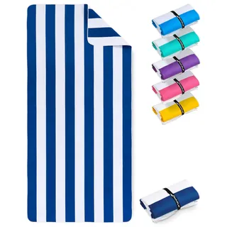 Fit-Flip Strandtuch XXL aus Mikrofaser - leicht und schnelltrocknend - 100% recyceltes Strandhandtuch - kompaktes Handtuch zum Baden - Badetuch (Marineblau-Weiß gestreift 200x90cm)