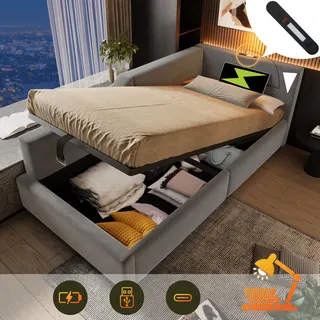 okwish Schlafsofas Tagesbett 90x190cm mit hydraulischem Stauraum, Leselichtfunktion und USB-C-Ladefunktion, Polsterbett Kinderbett Jugendbett Bettgestell mit Lattenrost, Samt Grau - Grau