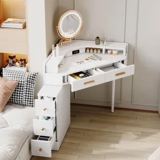 Eck-Schminktisch Weiß Drehbarer LED-Spiegel Dimmbar 5 Schubladen USB & USB-C Anschlüsse Moderner Frisiertisch 105,5x75x120 cm - Weiß