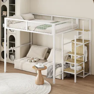 FAVSH Hochbett 140x200 cm mit Schrank und Stauraum, Metallbett mit Treppe, Ablageflächen und integriertem Regal, Etagenbett für Kinder, Jugendliche und Erwachsene, Weiß