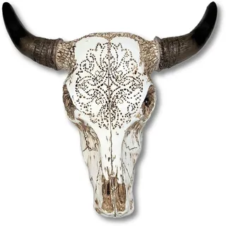 AMAJY Rustikales Tribal-Design, geschnitzt, Western-Stil, weißer Stierkopf, Wandkunst, hängende Skulpturen, Jagddekoration
