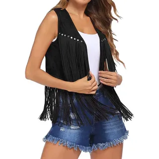 TMTGTS Damen Weste Mit Quasten Ärmellos 1Pcs Fransenweste Fransen Weste in Wildleder-Optik Kurze Fransenjacken Oberteile Lässige Weste Oberbekleidung Oberte Glitzer Jacke Gilet Sparkle Open Fron