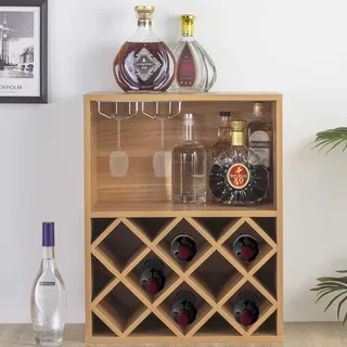 BAKAJI Eckschrank für Bar, Cocktail, Weinregal, Flaschenregal, 2 Etagen, Liköre, Weinkeller aus Holz, 8 Sitzer, Flaschenhalter mit Regalen, für Kelche (Braun)