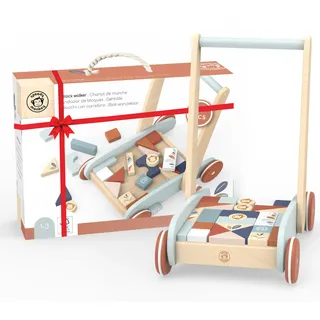 Speedy Monkey Lauflernwagen mit Bausteinen und Bremssystem für mehr Sicherheit 34,9x24,9x40cm bunt, Holz Spielzeug für Kinder, Liebevolle Details- tolle Geschenkidee