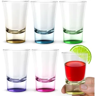 volila Bunte Shotgläser - 6 x 5 cl Kleine Schnapsgläser Set mit schwerem Boden - Ideale Tequila Gläser, Vodka Gläser, Pinnchen, Stamperlgläser für Schnaps, Jägermeister, Korn