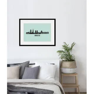 Bild QUEENCE "Münster Skyline", blau (farbe rahmen: schwarz, farbe bild(er): blau), B:50cm H:40cm, Acrylglas, Holz, Papier, Bilder, Bild, HD Premium Poster-Druck inkl. Holzrahmen
