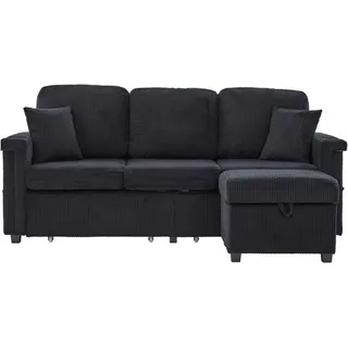 Redom Ecksofa Corduroy mit LED und USB-Anschluss Stauraum-Schubladen 194/73/81 cm Schwarz , Textil , 194x73 cm , Wohnzimmer, Sofas & Couches, Wohnlandschaften, Ecksofas
