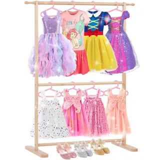Relquorax Bambus Kinder Kleiderständer mit dualen Kleiderstange, Kinder Dress-up-Ständer, kleiner Garderobenständer, perfekt für Kostüme und Accessoires im Kinderzimmer (Naturfarbe)