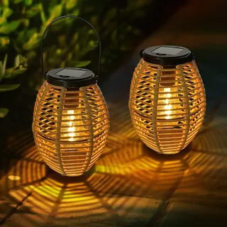 Solarlampen für Außen Hängend, 2 Stück Rattan Solar Laternen für Draußen mit LED-Glühbirne,IP44 Wasserdicht Garten Solarleuchten für Außen,Solar Lampe Outdoor für Patio Terrasse Balkon Deko Wetterfest