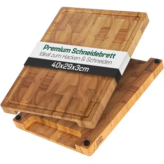 MAKUMORI Premium Schneidebrett aus Massivholz, Stirnholz, End Grain 40x29x3cm - Aus leicht karbonisiertem Heveaholz -FSC®-zertifiziert, Füße, Saftrinne und große Griffmulden