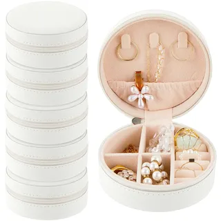 Taiyin Reise-Schmuckkästchen, Brautjungfer, Geschenk-Boxen, Schmuck, Reise-Organizer, klein, rund, Mini-Aufbewahrung, PU-Leder, Weiß, 6 Stück