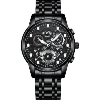 JewelryWe Paar Uhren Digitaluhr Edelstahl Binäre Uhr Rechteck Bezel LED Sportuhr Blau LED Licht Kalender Mode Cool Partner Armbanduhr für Herren Damen Schwarz/Silber