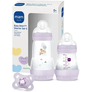 MAM Easy Start Anti-Colic Starter Set S, Baby Erstausstattung mit 2 Anti-Colic Flaschen (160 ml & 260 ml) inkl. Sauger Größe 1 und Schnuller, Baby Geschenk Set, ab der Geburt, lila