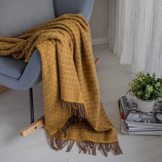 Linen & Cotton Decke Wolldecke Wohndecke Kuscheldecke Paris mit Rautenmuster - 100% Reine Neuseeland Wolle, Braun Gelb (140 x 200 cm) Tagesdecke Sofadecke Plaid Blanket Sofa Bett Lammwolle Schafswolle