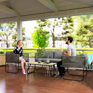 Outsunny Gartenmöbel Set aus Polyrattan Lounge-Set mit Sofa Sessel Tisch Kissen - Dunkelgrau