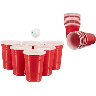 Relaxdays Beer Pong Becher, 50 Stück, stabiler Plastikbecher, Partybecher 16 oz, Trinkbecher Softdrinks u. Bier, rot