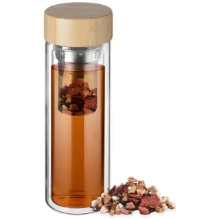 Avilia Tragbare doppelwandige Teekanne aus Glas mit Bambusdeckel, 400 ml, mit herausnehmbarem Sieb mit Griff, wärmespeichernd, elegantes Design, ideal für Reisen